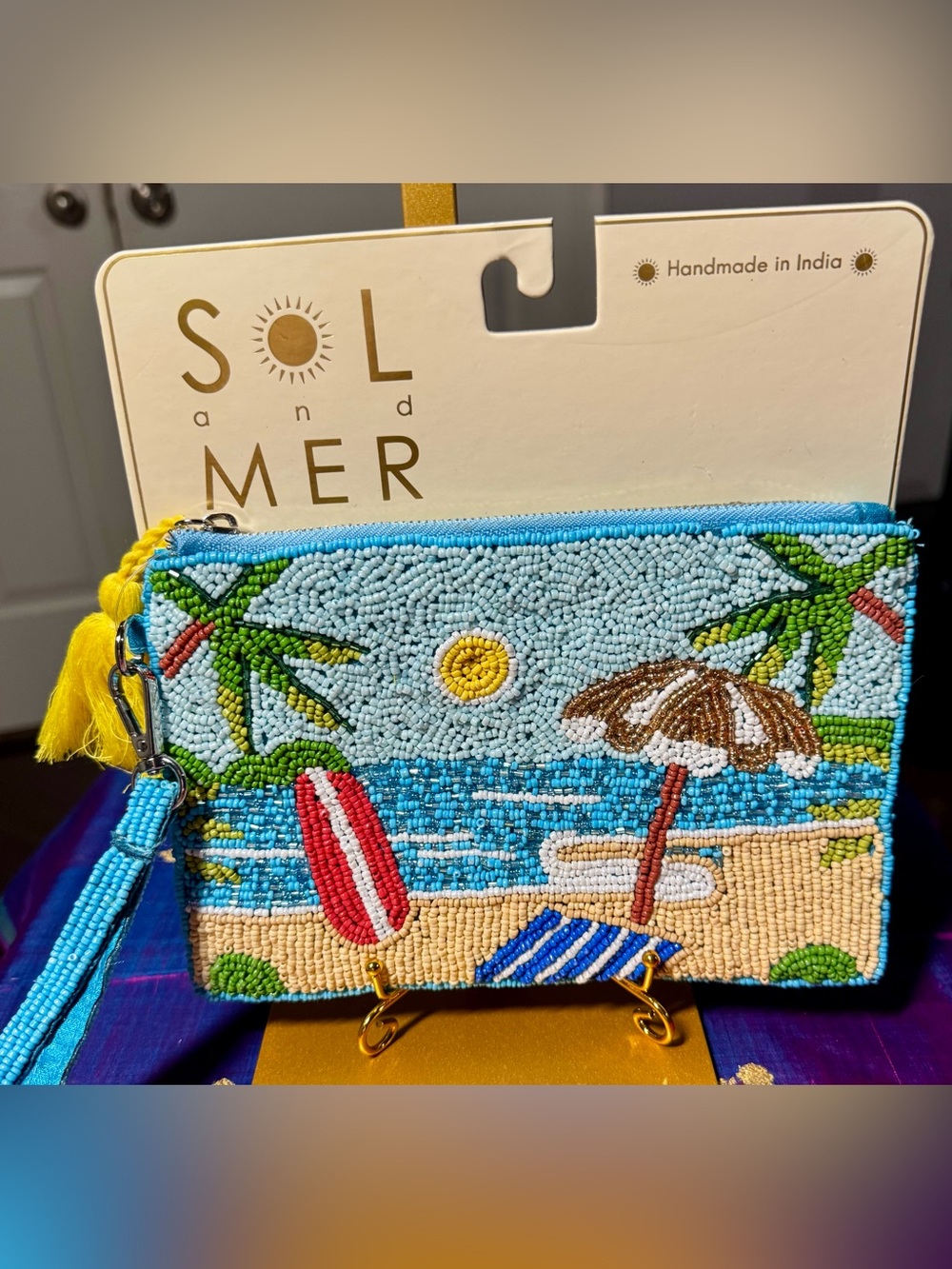 NWT Sol and Mer Beaded Beach Surfboard Wristlet Pouch Clutch